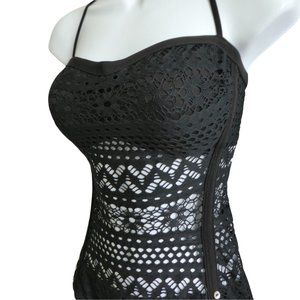 Robin Piccone Black One Piece Swimsuit illusion Bikini Halter Bandeau Lazer Cut